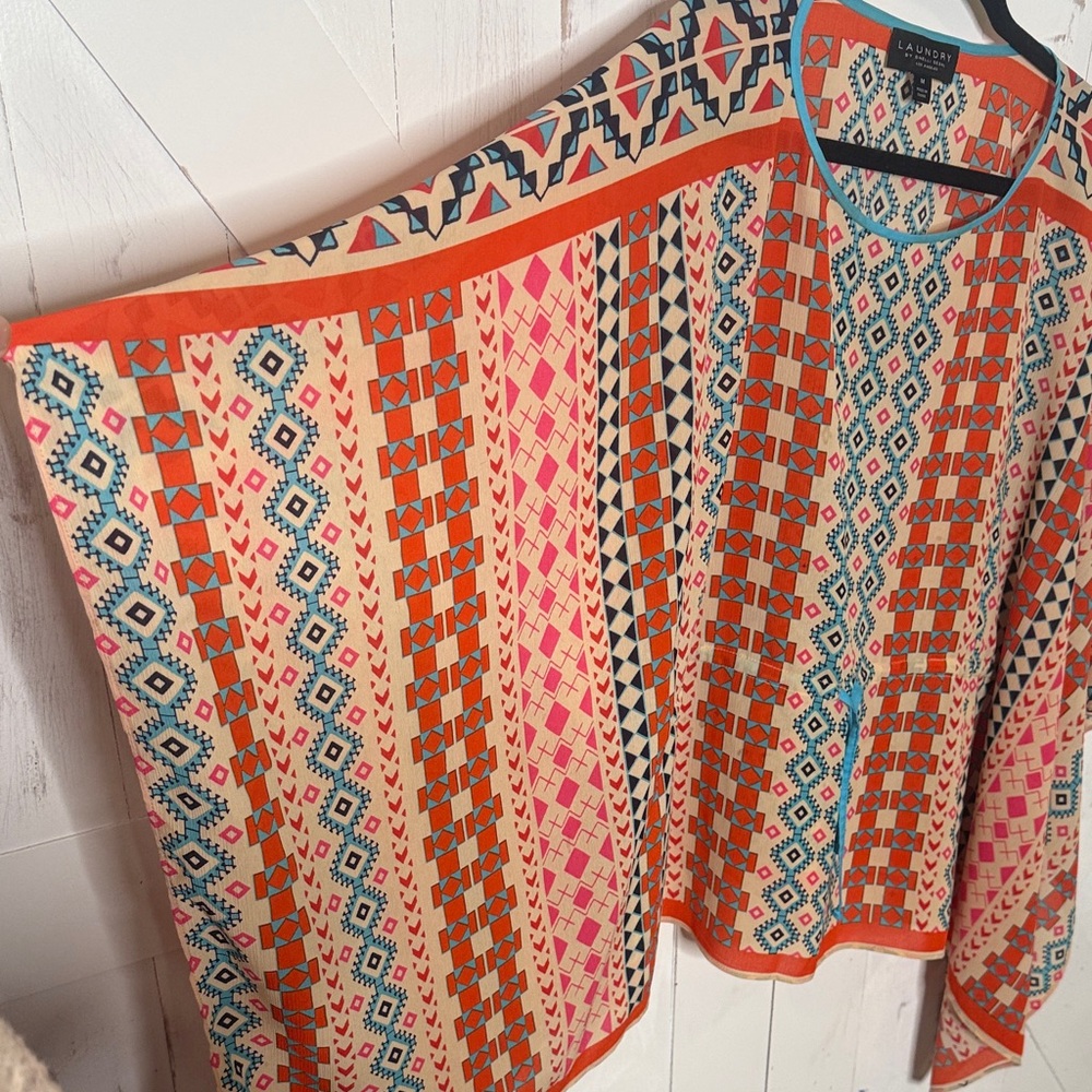 Laundry by Shelli Segal Geometric Orange Teal Poncho - Picture 3 of 8